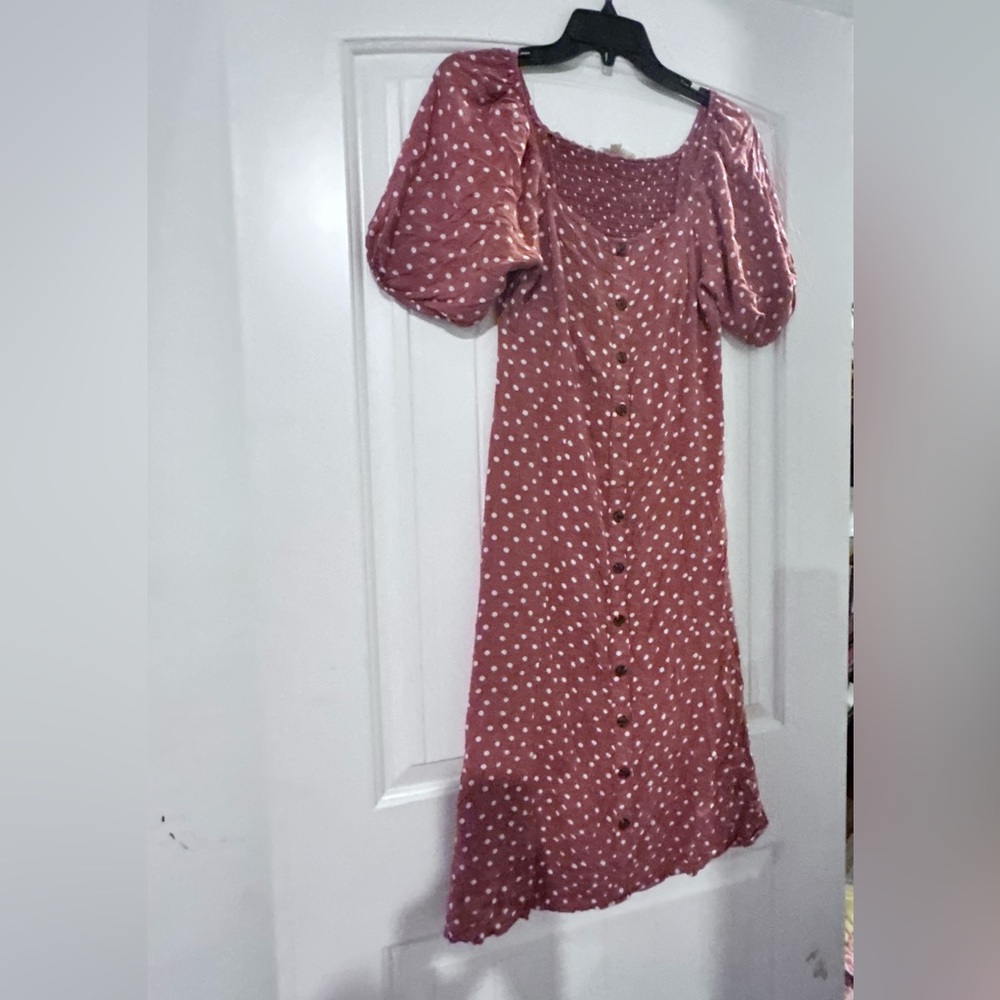 Polka Dot Button-Front Midi Dress with Smocked Neckline - Rust Pink